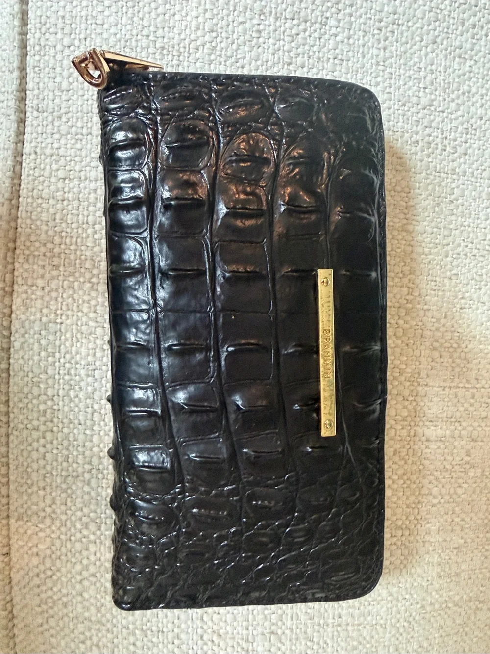 Brahmin Black Croc-Embossed Leather Zip Wallet with Gold Hardware